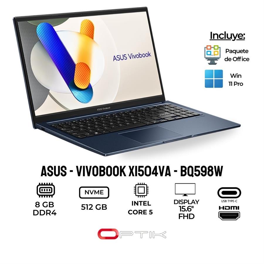 Notebook ASUS VIVOBOOK X1504VA-BQ598W CORE 5 120U 1.4GHZ/8GB/512GB SSD/15.6" FHD/W11/ESPAÑOL QUIET AZUL