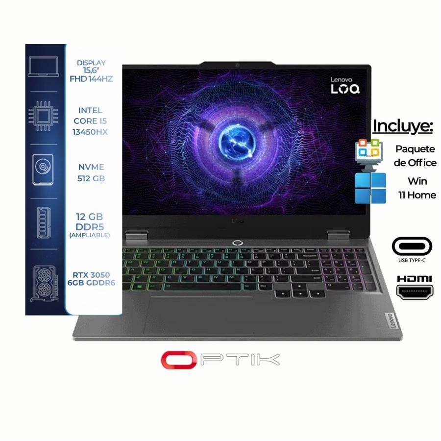 Notebook Lenovo LOQ 15IRX9 / Intel Core i5-13450HX/ 12 GB RAM / 512 GB SSD / WIN11 / RTX 3050 6GB/ Gaming