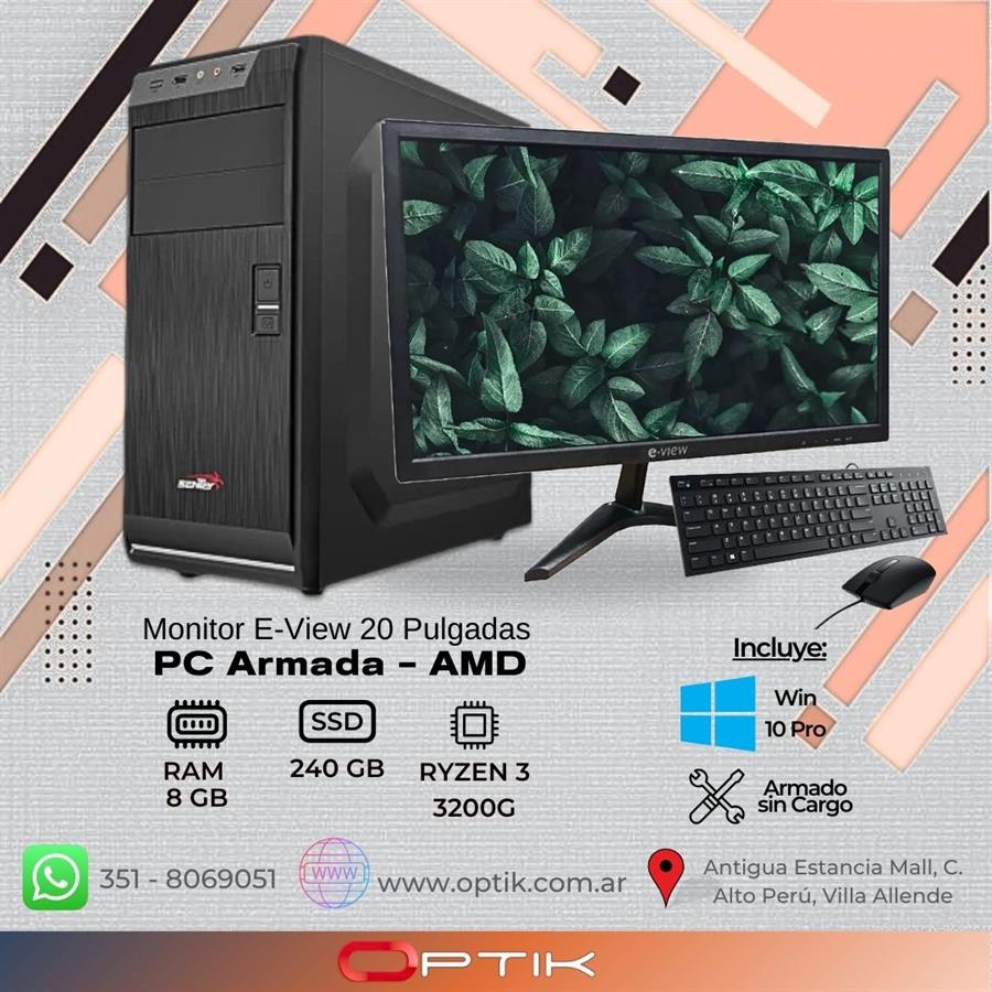 COMPUTADORA - PC AMD - RYZEN 3 3200G - 8GB RAM - SSD 240GB - Win 10 + MONITOR 20"