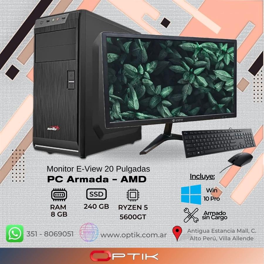 COMPUTADORA - PC AMD - RYZEN 5 5600GT - 8GB RAM - SSD 240GB - Win 10 + MONITOR 20"