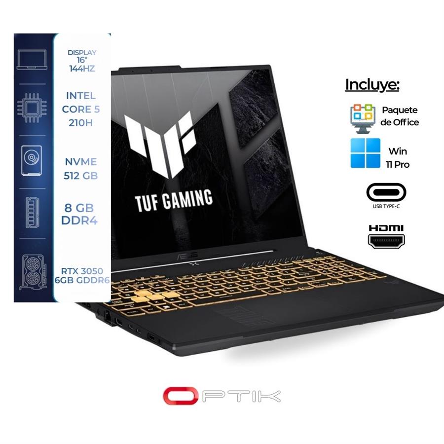 Notebook Gamer ASUS TUF F16 FX607VJ-RL011W 16" / Intel Core 5 210H / 8GB RAM/ SSD 512GB/ RTX 3050 6 GB GDDR6